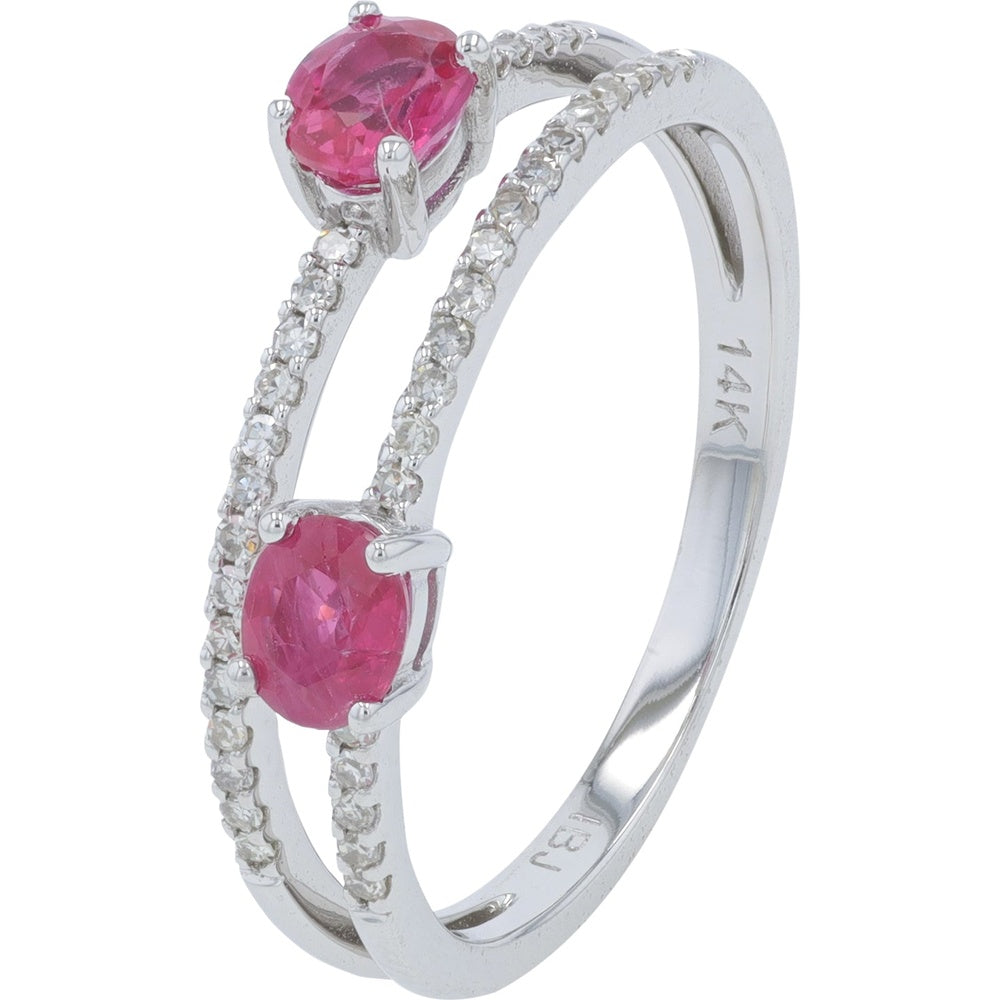14K White Gold Bypass Ring with Oval Rubies and Round Diamonds - 0.60 Carat Total Ruby Weight and 0.15 Carat Total Diamond Weight