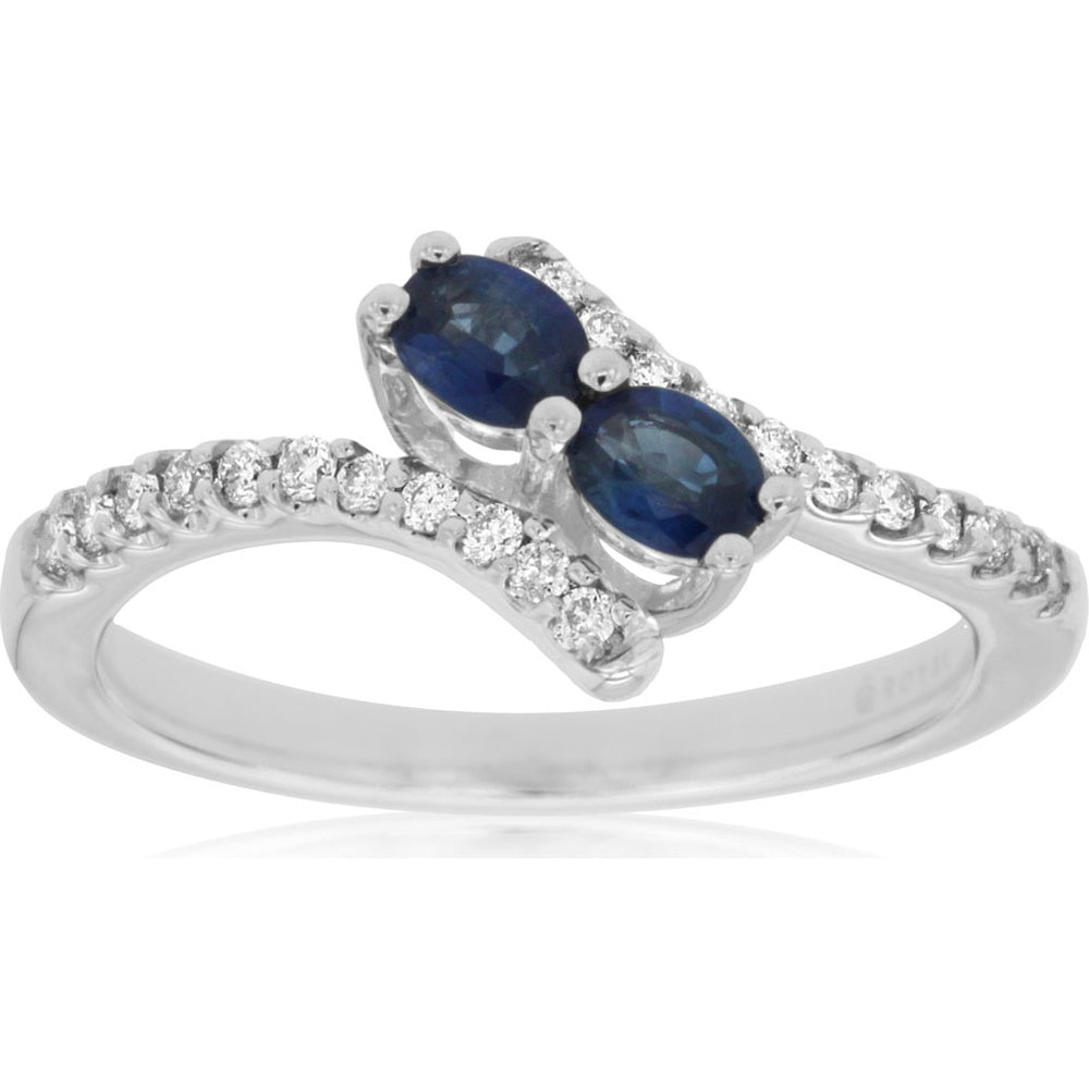 14K White Gold Bypass Ring with Oval Sapphires and Pave Set Round Diamonds - 0.45 Carat Total Sapphire Weight and 0.20 Carat Total Diamond Weight - Royal Jewelry