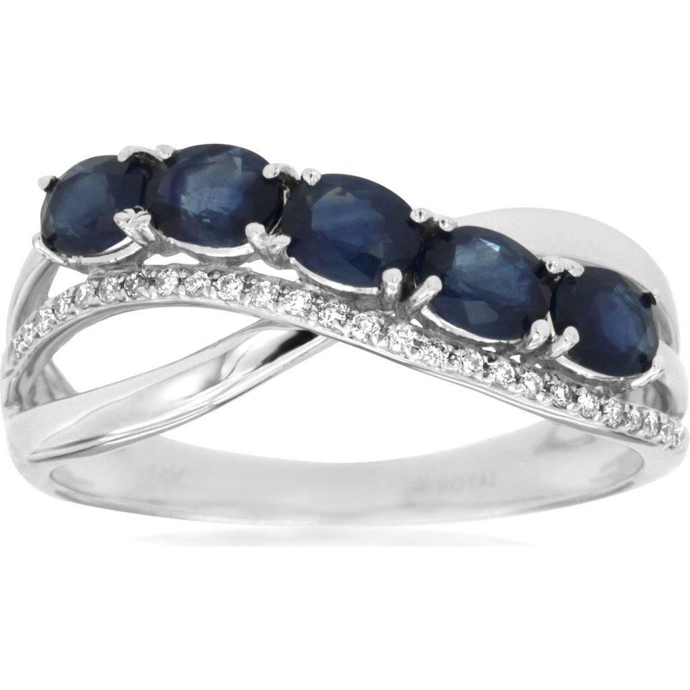 14K White Gold Bypass Ring with Oval Sapphires and Pavé-Set Round Diamonds - 1.15 Carat Total Sapphire Weight - Royal Jewelry