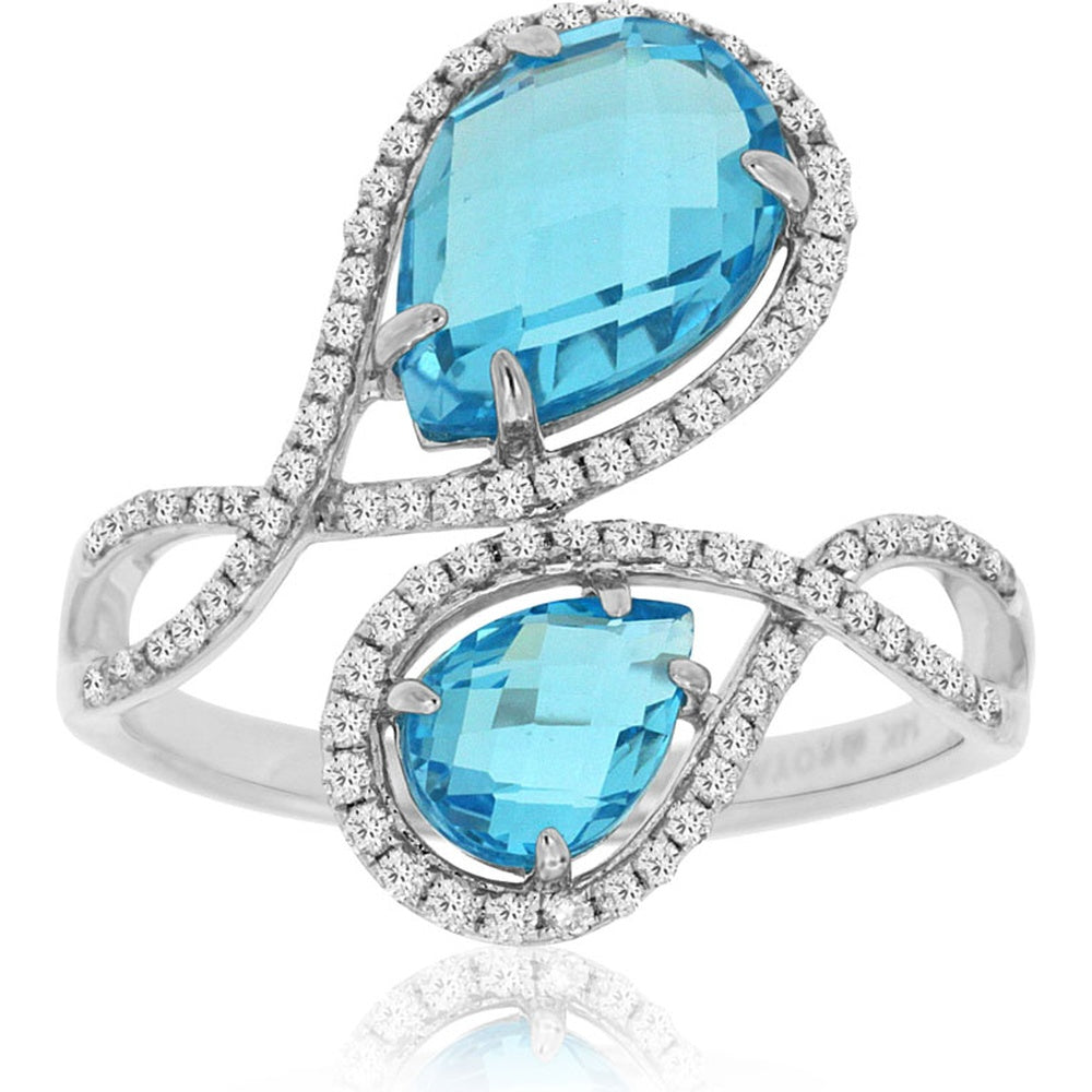 14K White Gold Bypass Ring with Pear Shape Blue Topaz and Diamond Halo - 3.00 Carat Total Blue Topaz Weight and 0.35 Carat Total Diamond Weight - Royal Jewelry