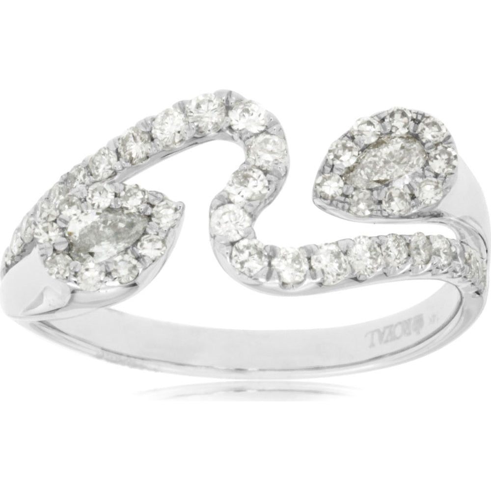 14K White Gold Bypass Ring with Pear-Shaped Diamonds and Pavé Halo Setting - 0.60 Carat Total Diamond Weight - Royal Jewelry
