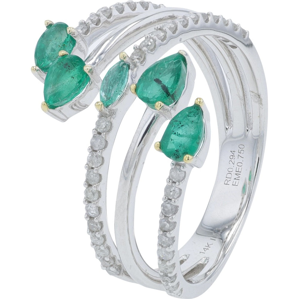 14K White Gold Bypass Ring with Pear-Shaped Emeralds and Round Diamond Accents - 0.75-1.00 Carat Total Emerald Weight and 0.30 Carat Total Diamond Weight