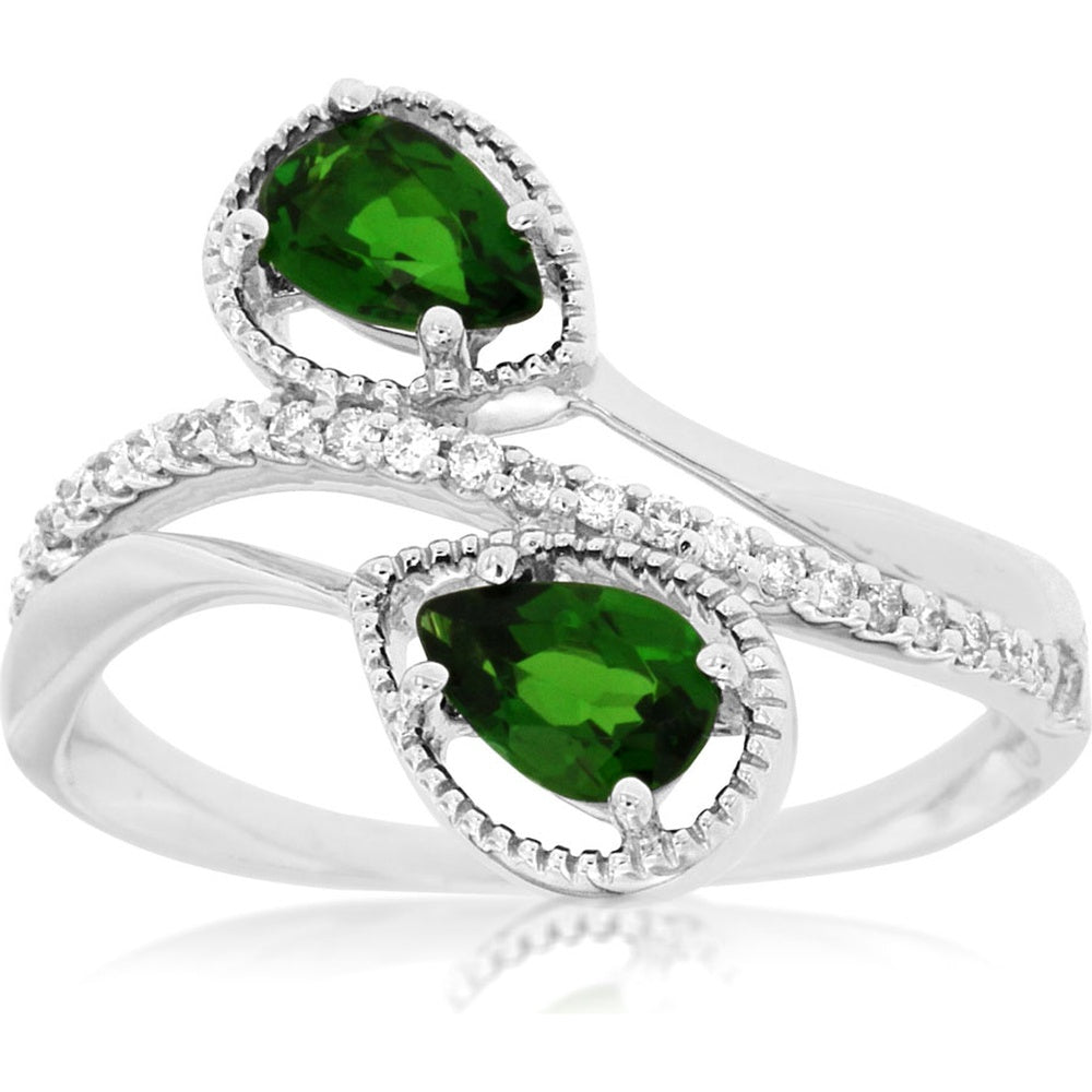 14K White Gold Bypass Ring with Pear-Shaped Russalite and Diamond Accents - 0.90 Carat Total Russalite Weight and 0.12 Carat Total Diamond Weight - Royal Jewelry