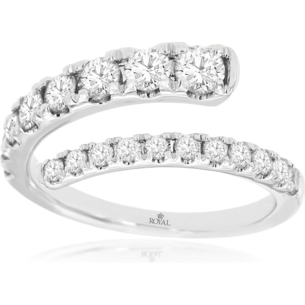 14K White Gold Bypass Ring with Prong-Set Round Brilliant Cut Diamonds - 1.00 Carat Total Diamond Weight - Royal Jewelry
