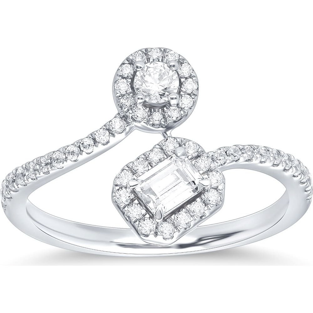 14K White Gold Bypass Ring with Round and Emerald Cut Diamond Halos - 0.69 Carat Total Diamond Weight by Auriventus