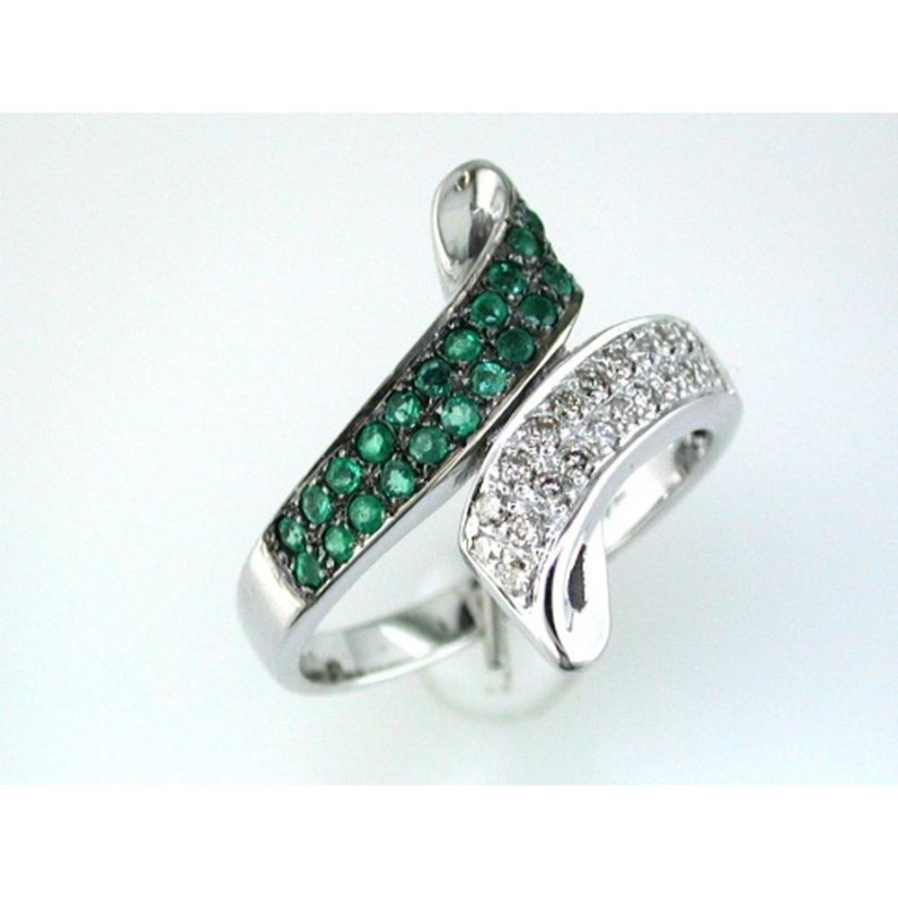 14K White Gold Bypass Ring with Round Emeralds and Round Diamonds - 0.40 Carat Total Emerald Weight and 0.22 Carat Total Diamond Weight - Royal Jewelry