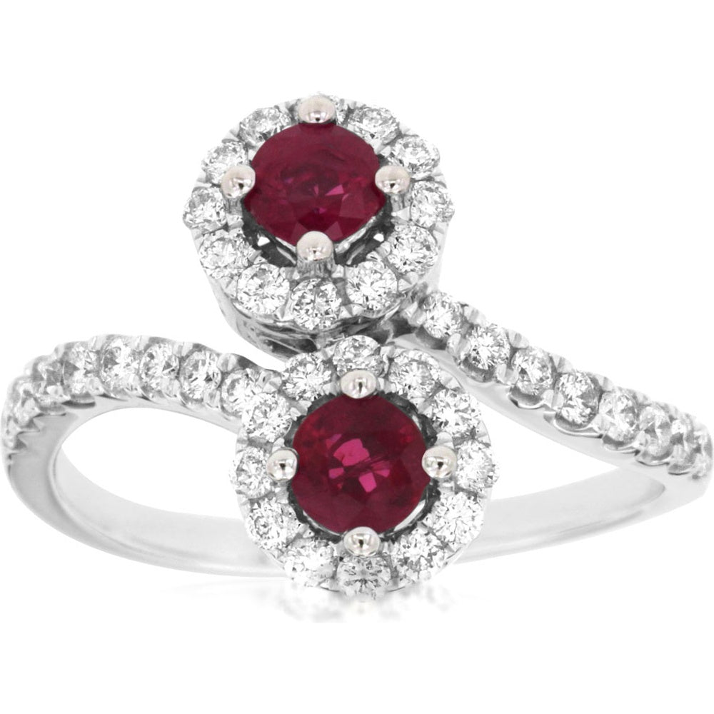 14K White Gold Bypass Ring with Round Ruby Halo and Prong-Set Diamonds - 0.54 Carat Total Ruby Weight and 0.48 Carat Total Diamond Weight - Royal Jewelry