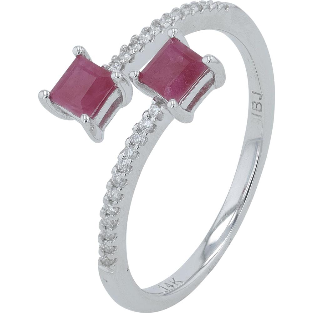 14K White Gold Bypass Ring with Square-Cut Rubies and Pavé Diamond Accents - 0.10 Carats Total Diamond Weight