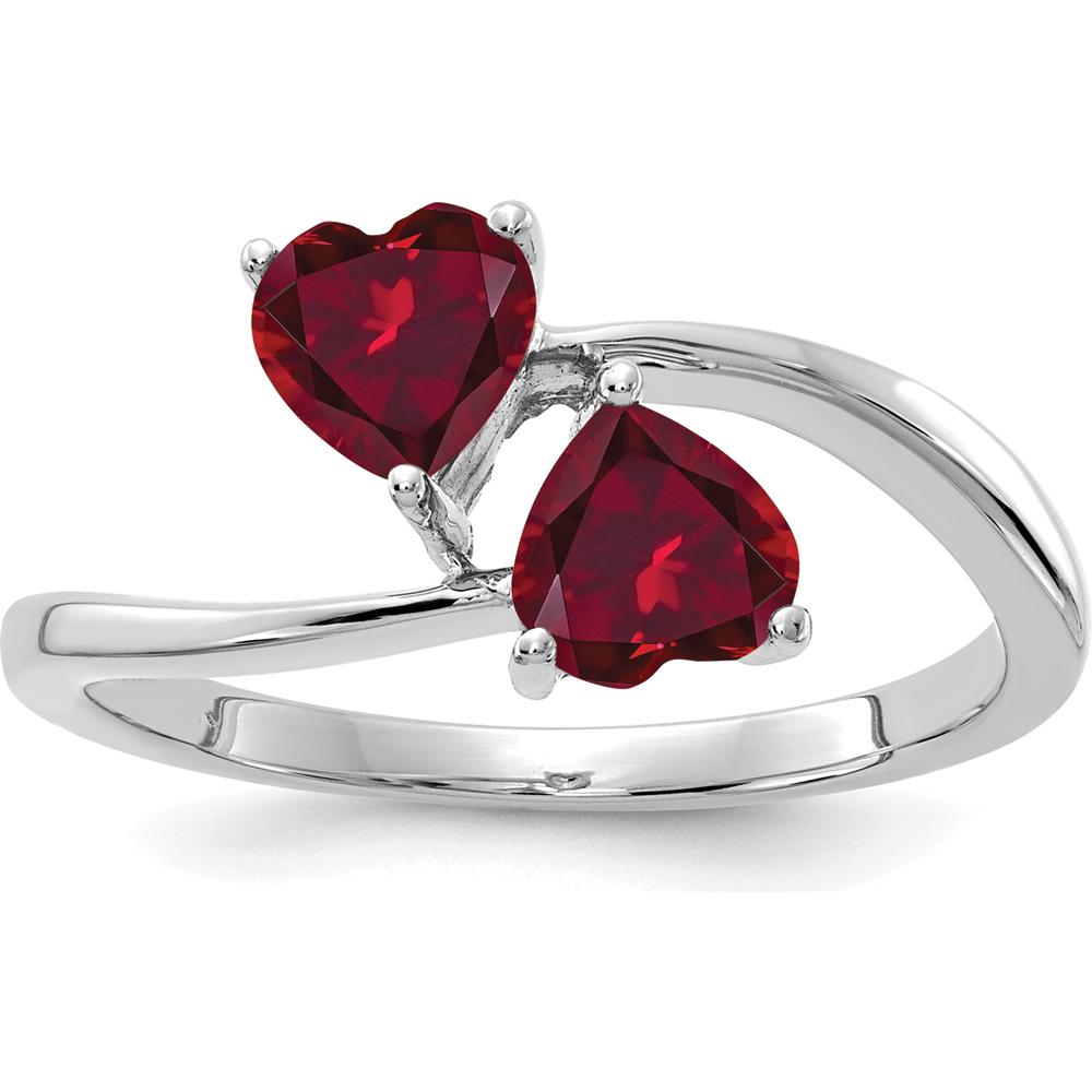 14K White Gold Bypass Ring with Two 5mm Heart-Cut Created Rubies by Monteluci Fine Jewelry