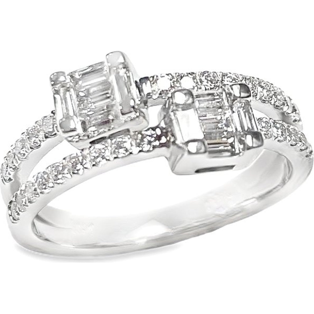 14K White Gold Bypass Split Shank Fashion Ring with Baguette and Round Diamonds - 0.61 Carat Total Diamond Weight by Auriventus