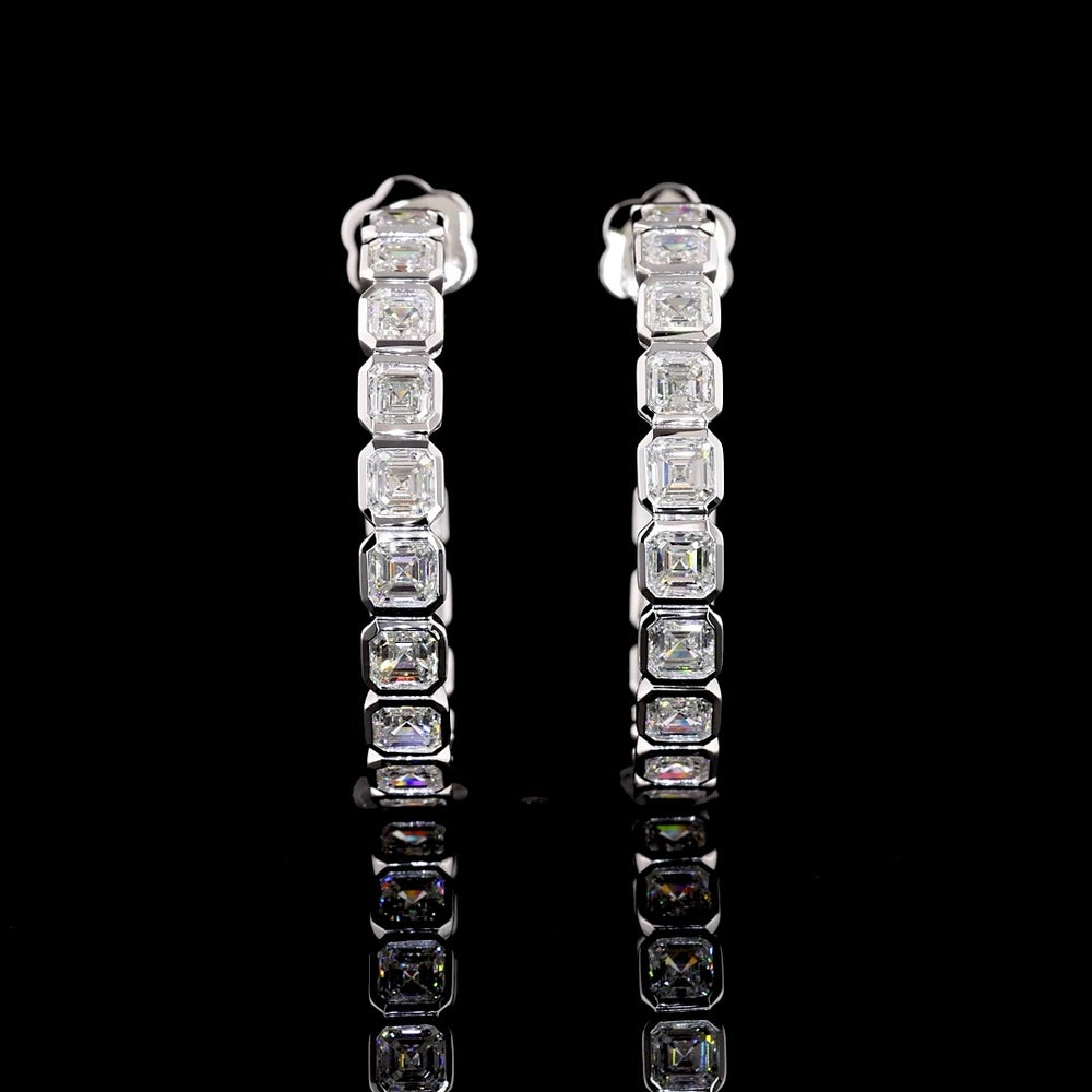 14K White Gold C-Hoop Earrings with Bezel Set Asscher Cut Lab Diamonds - 5.19 Carats Total Diamond Weight - Covaloro Fine Jewelry
