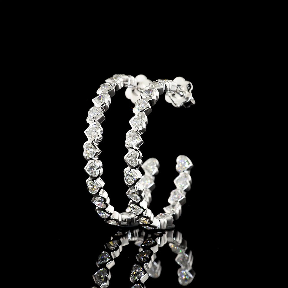 14K White Gold C-Hoop Earrings with Bezel Set Heart Shaped Lab Grown Diamonds - 5.38 Carat Total Diamond Weight (E-F Color, VS2 Clarity) - Covaloro Fine Jewelry