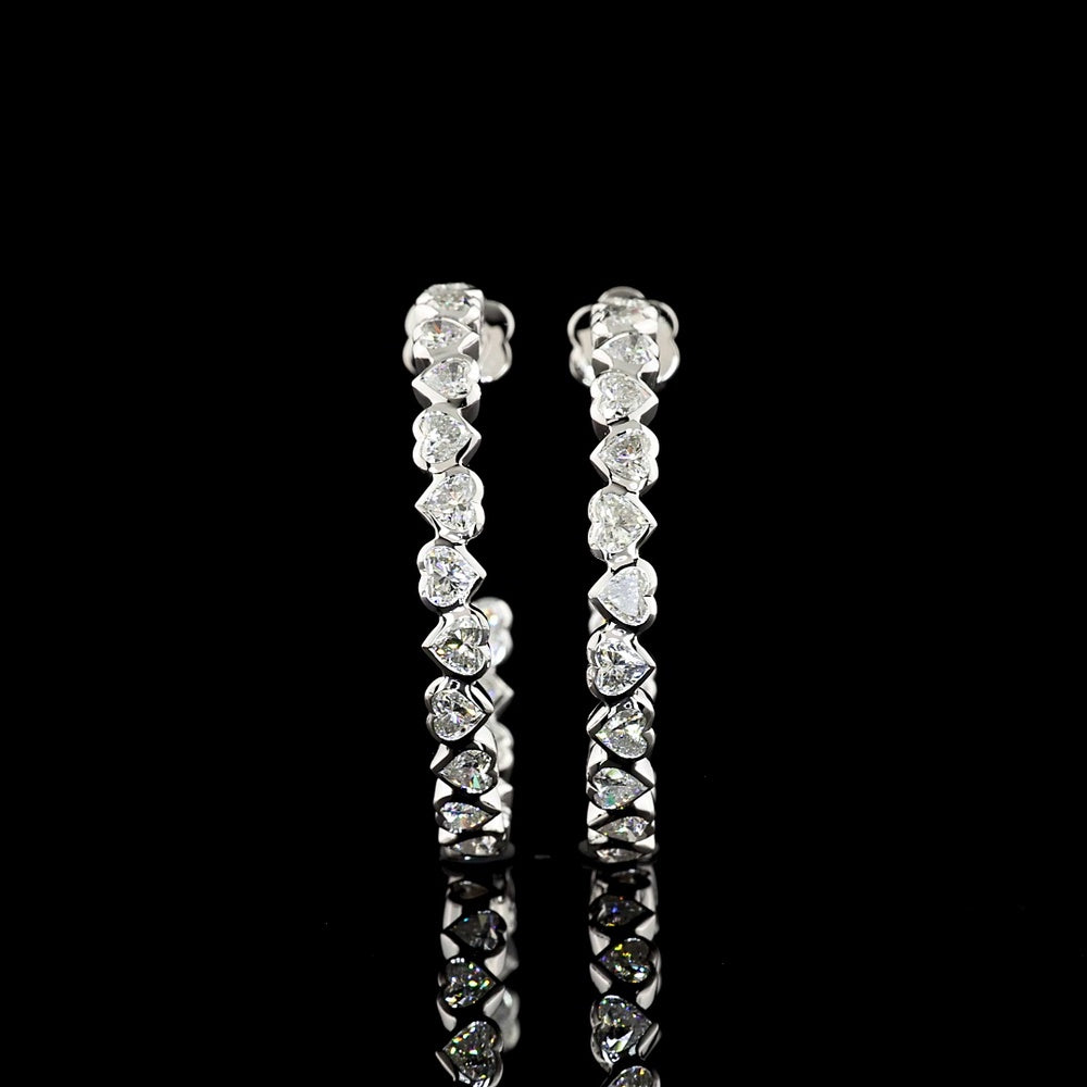 14K White Gold C-Hoop Huggie Earrings with Bezel Set Heart Shaped Lab Diamonds - 5.55 Carat Total Diamond Weight - Covaloro Fine Jewelry