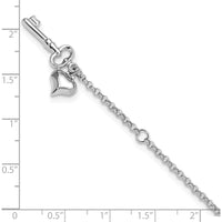 14K White Gold Cable Chain Anklet with Puffed Heart and Key Charms - 10" Total Length