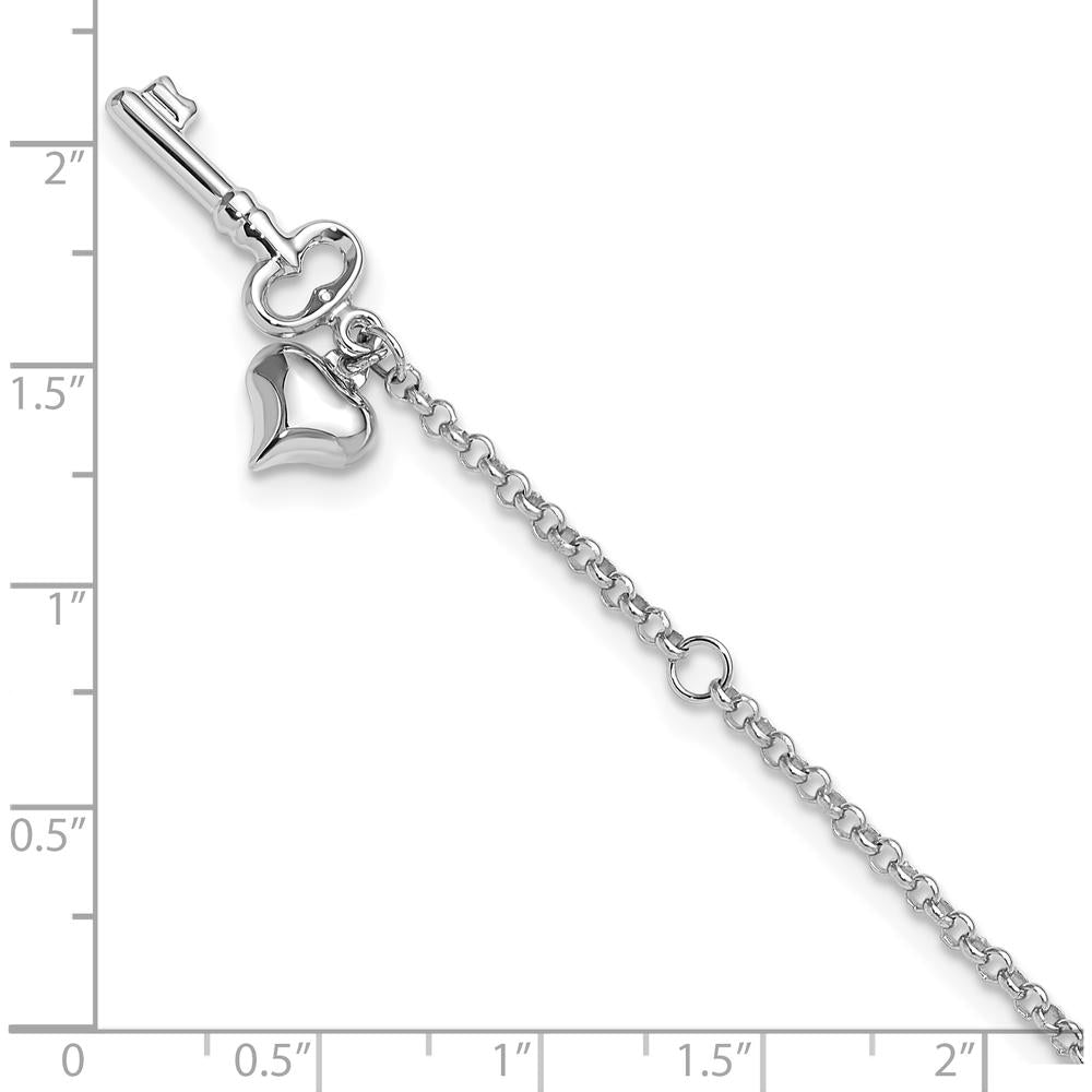 14K White Gold Cable Chain Anklet with Puffed Heart and Key Charms - 10" Total Length