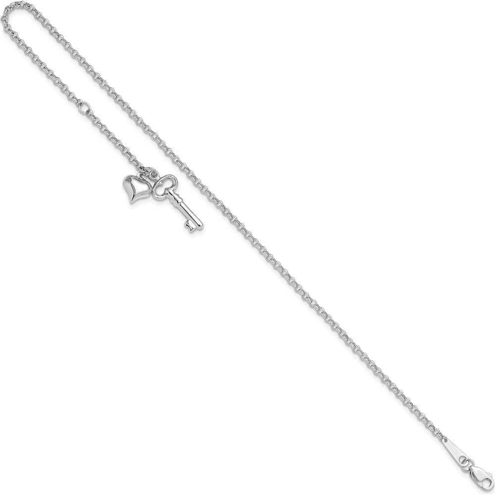 14K White Gold Cable Chain Anklet with Puffed Heart and Key Charms - 10" Total Length