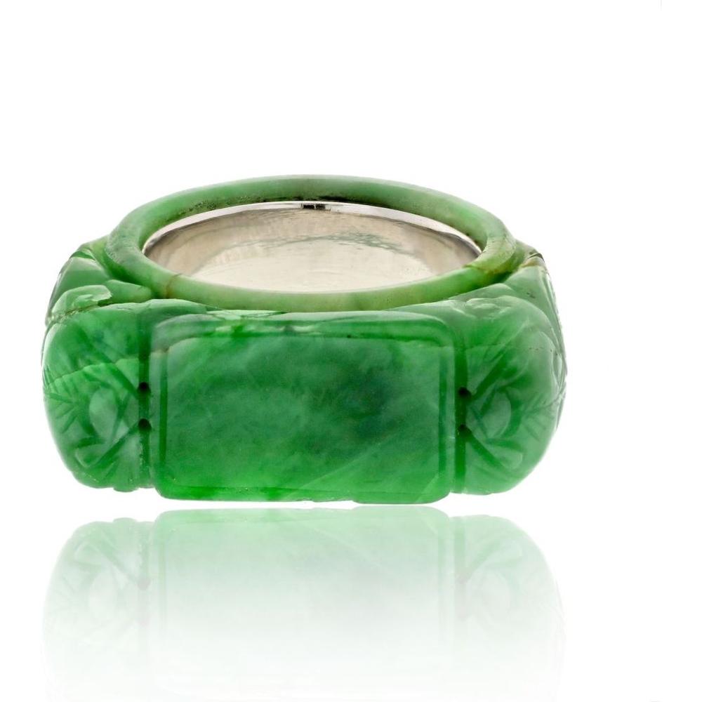 14K White Gold Carved Jade Ring by David Webb - Designer Signed Green Jade Statement Piece