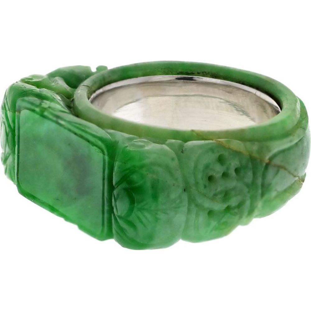 14K White Gold Carved Jade Ring by David Webb - Designer Signed Green Jade Statement Piece