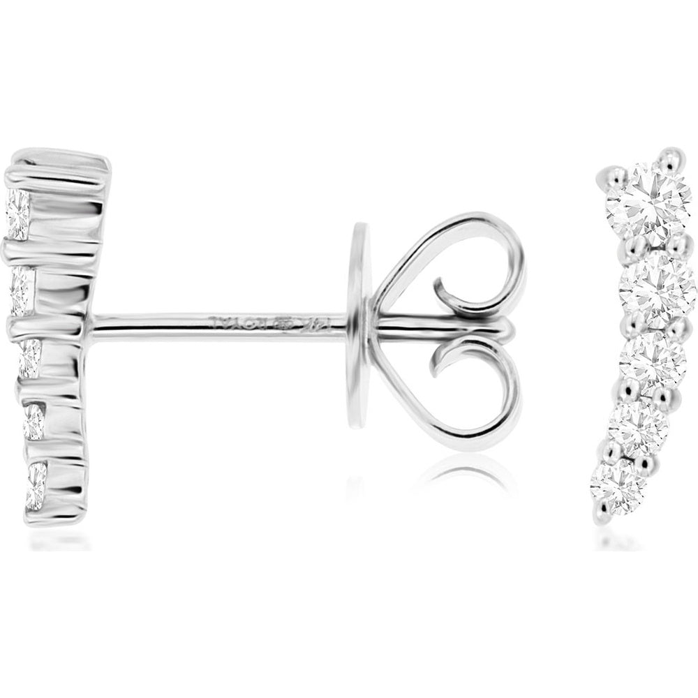 14K White Gold Cascading Curved Bar Stud Earrings with Round Prong-Set Diamonds - 0.20 Carat Total Diamond Weight - Royal Jewelry