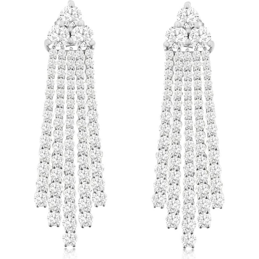 14K White Gold Cascading Diamond Chandelier Earrings with Five-Strand Fringe and Round Brilliant Diamonds - 3.50 Carat Total Weight - Royal Jewelry