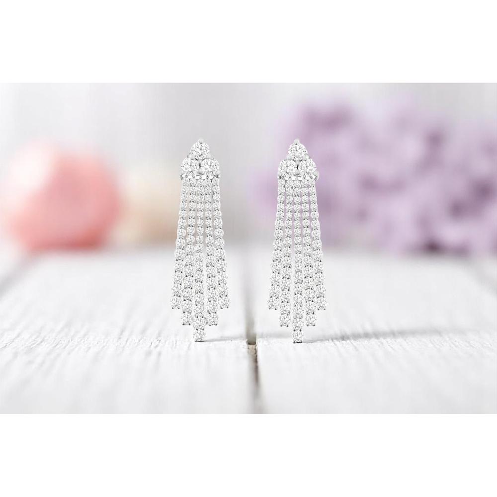 14K White Gold Cascading Diamond Chandelier Earrings with Five-Strand Fringe and Round Brilliant Diamonds - 3.50 Carat Total Weight - Royal Jewelry