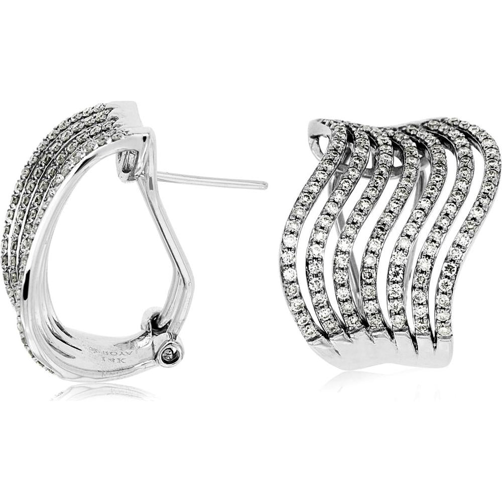 14K White Gold Cascading Diamond Hoop Earrings with Omega Backs and Prong Set Round Diamonds - 0.98 Carat Total Diamond Weight - Royal Jewelry