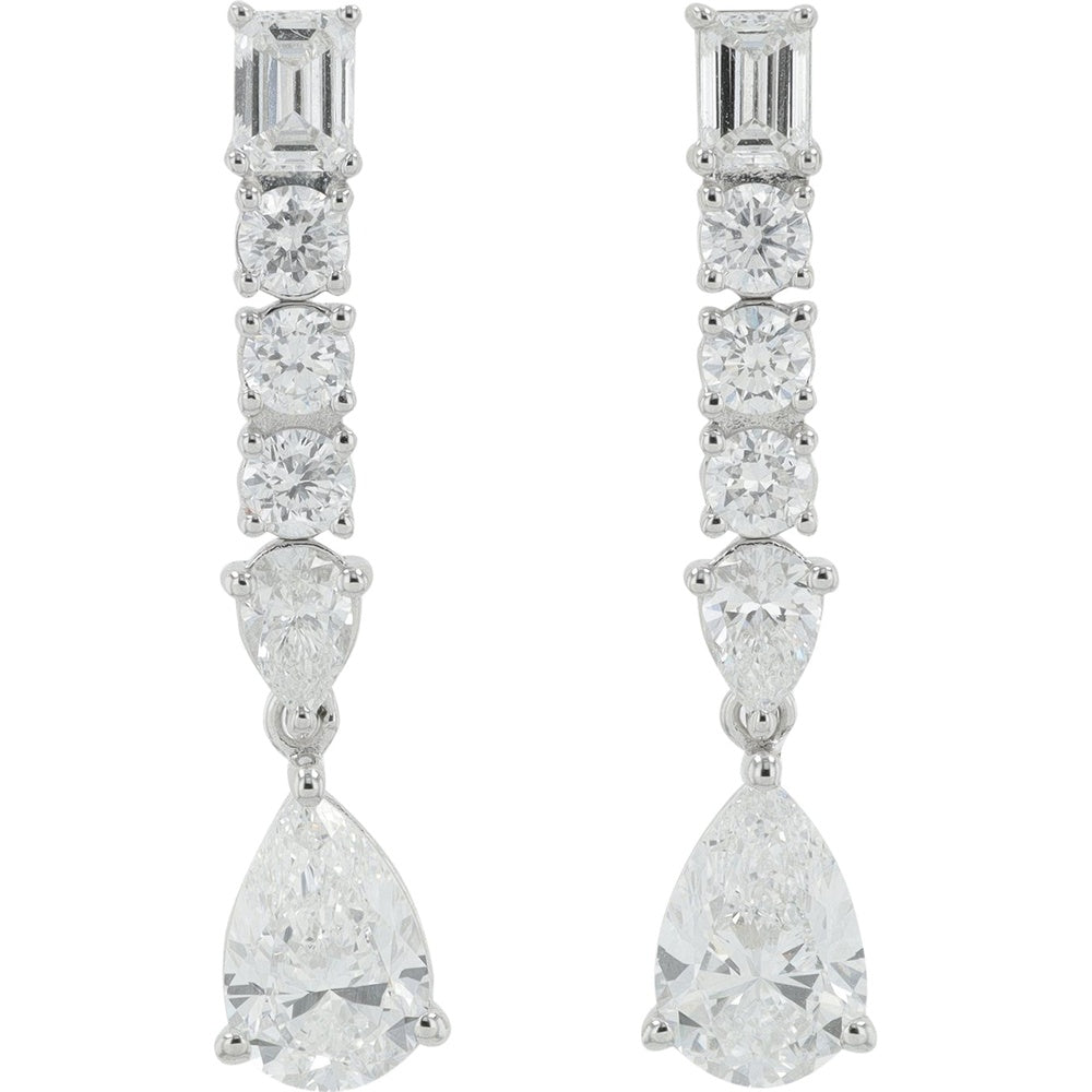 14K White Gold Cascading Drop Earrings with Emerald, Round, and Pear Lab Grown Diamonds - 3.50 Carat Total Diamond Weight