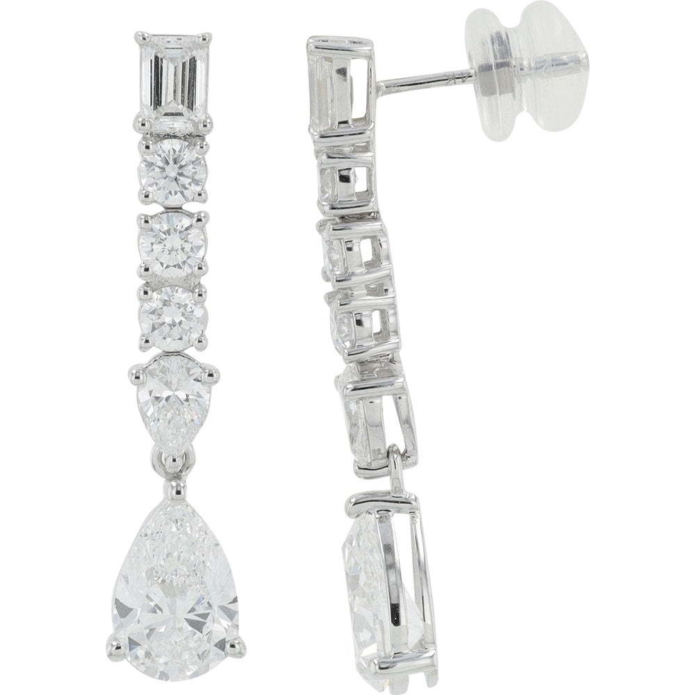 14K White Gold Cascading Drop Earrings with Emerald, Round, and Pear Lab Grown Diamonds - 3.50 Carat Total Diamond Weight