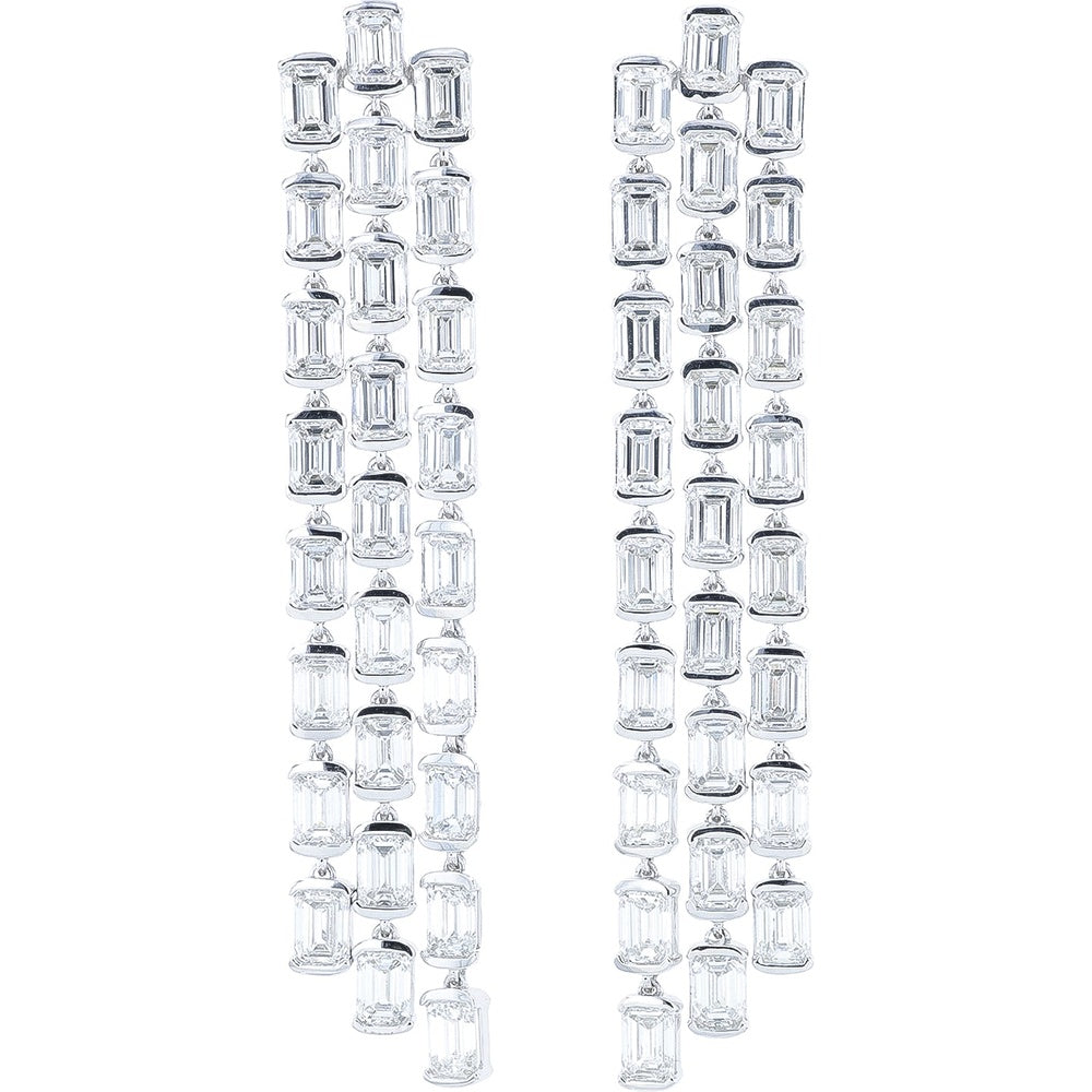 14K White Gold Cascading Drop Earrings with Prong-Set Emerald-Cut Lab Grown Diamonds - 13.80 Carat Total Diamond Weight