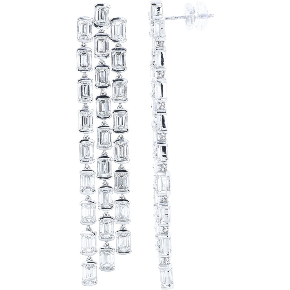 14K White Gold Cascading Drop Earrings with Prong-Set Emerald-Cut Lab Grown Diamonds - 13.80 Carat Total Diamond Weight