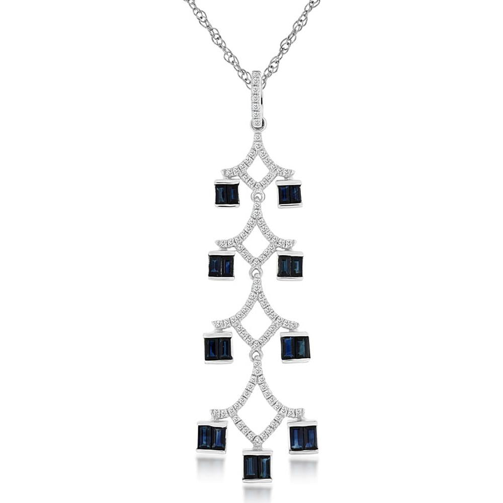 14K White Gold Cascading Linear Pendant with Baguette Cut Blue Sapphires and Round Diamonds - 1.15 Carat Sapphire Total Weight, 0.25 Carat Diamond Total Weight - Royal Jewelry