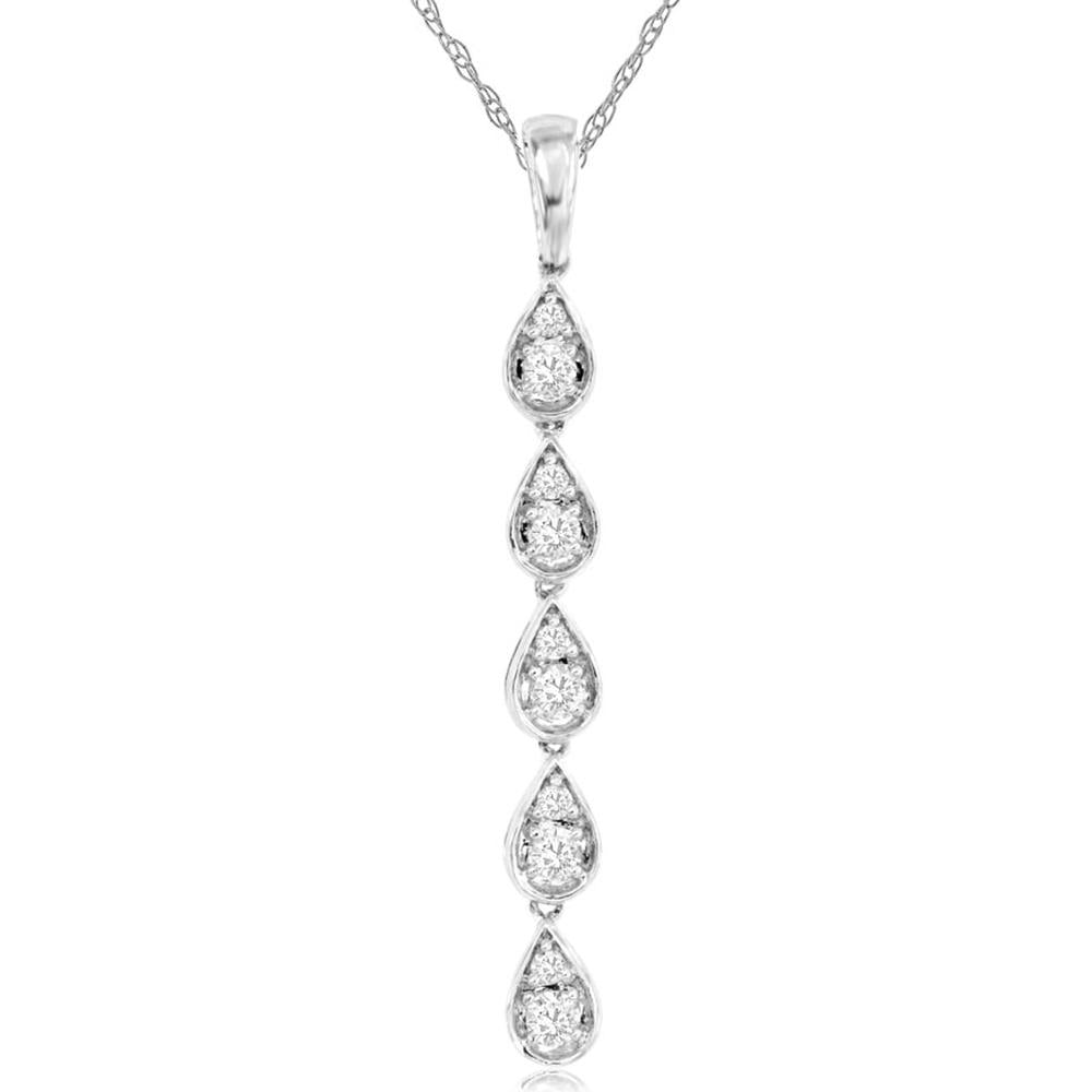 14K White Gold Cascading Pear Shape Diamond Drop Pendant Necklace - 0.16 Carat Total Diamond Weight - Royal Jewelry