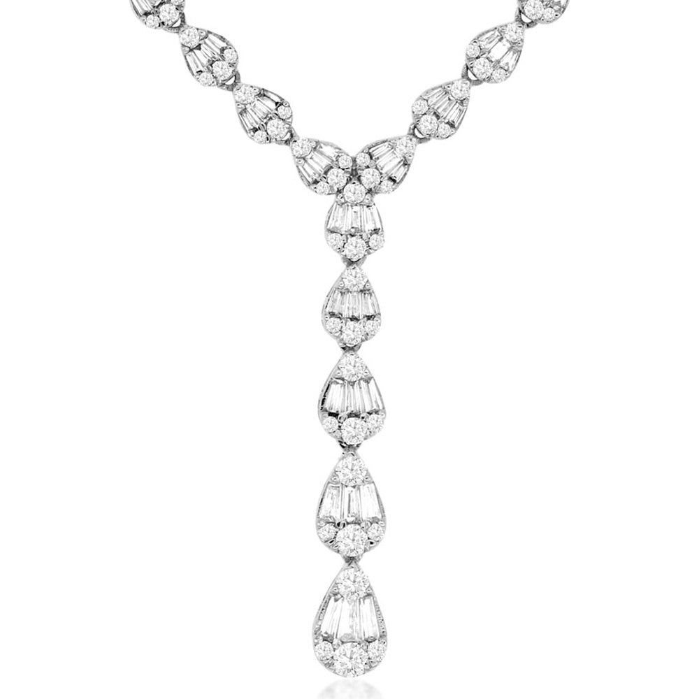 14K White Gold Cascading Y-Drop Necklace with Pear-Shaped Baguette and Round Diamond Clusters - 2.80 Carat Total Diamond Weight - Royal Jewelry