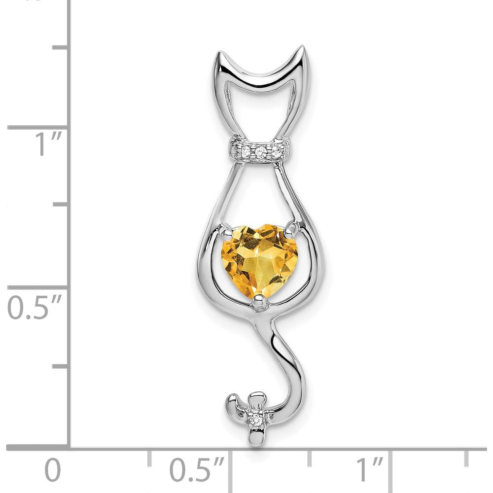 14K White Gold Cat Design Pendant with Heart Citrine and Round Diamonds - 0.99 Carat Citrine by Lumare Gioia
