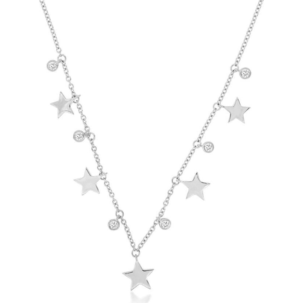 14K White Gold Celestial Star Station Necklace with Round Diamonds - 0.11 Carat Total Diamond Weight - Royal Jewelry