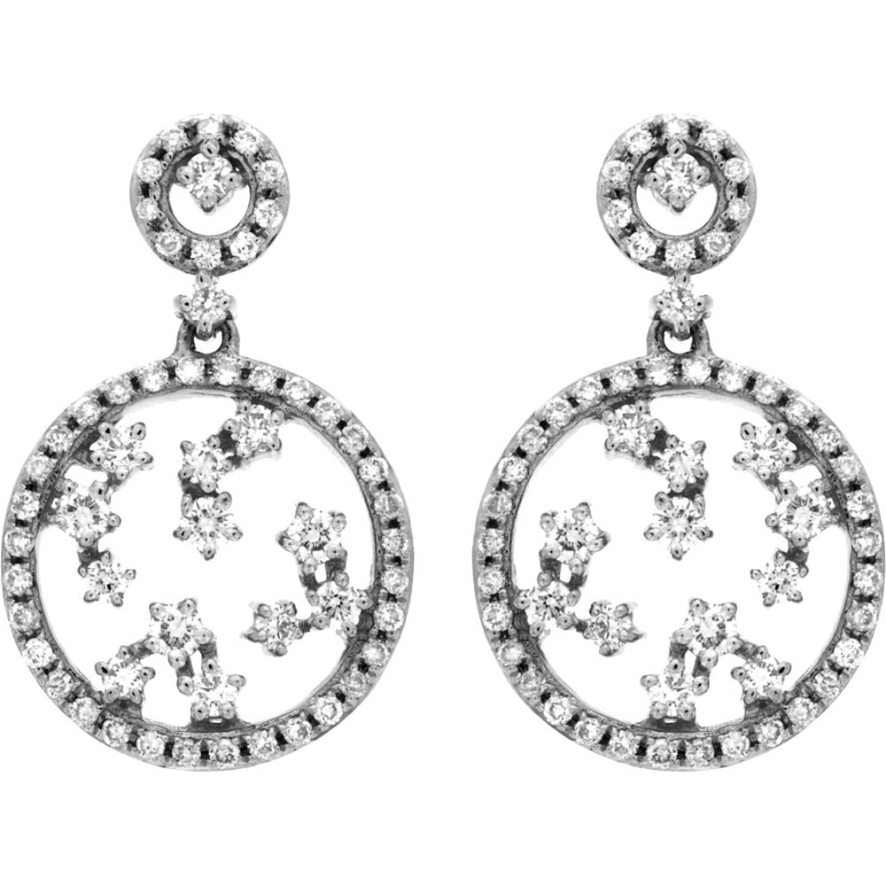 14K White Gold Celestial Vine Drop Earrings with Halo-Set Round Diamonds - 0.78 Carat Total Diamond Weight - Royal Jewelry