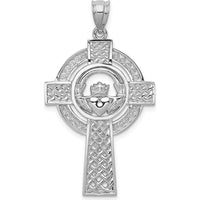 14K White Gold Celtic Claddagh Cross Pendant with Textured Design and Polished Finish by Oro Pregiato