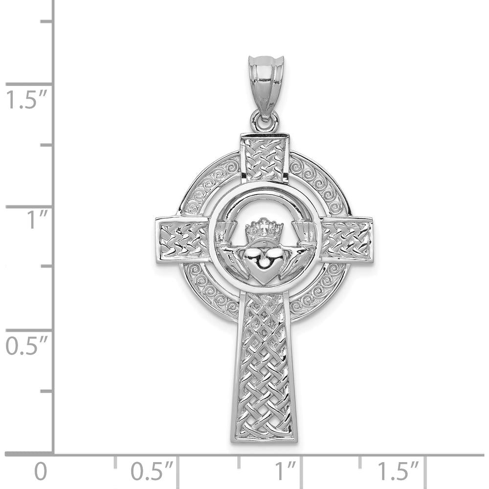 14K White Gold Celtic Claddagh Cross Pendant with Textured Design and Polished Finish by Oro Pregiato