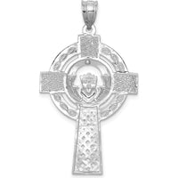 14K White Gold Celtic Claddagh Cross Pendant with Textured Design and Polished Finish by Oro Pregiato
