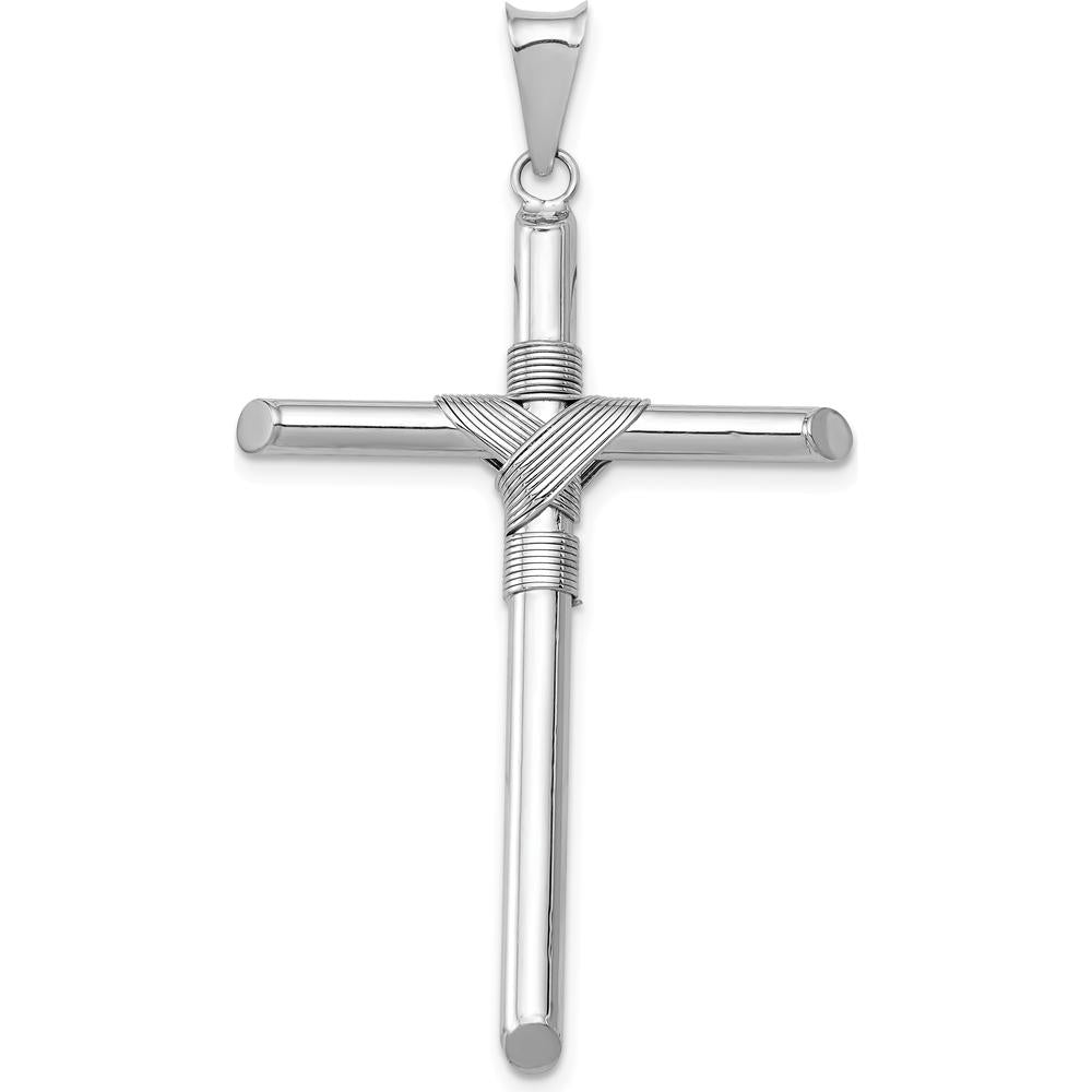 14K White Gold Center Wrap Tube Cross Pendant - 49.32mm Length by Oro Pregiato