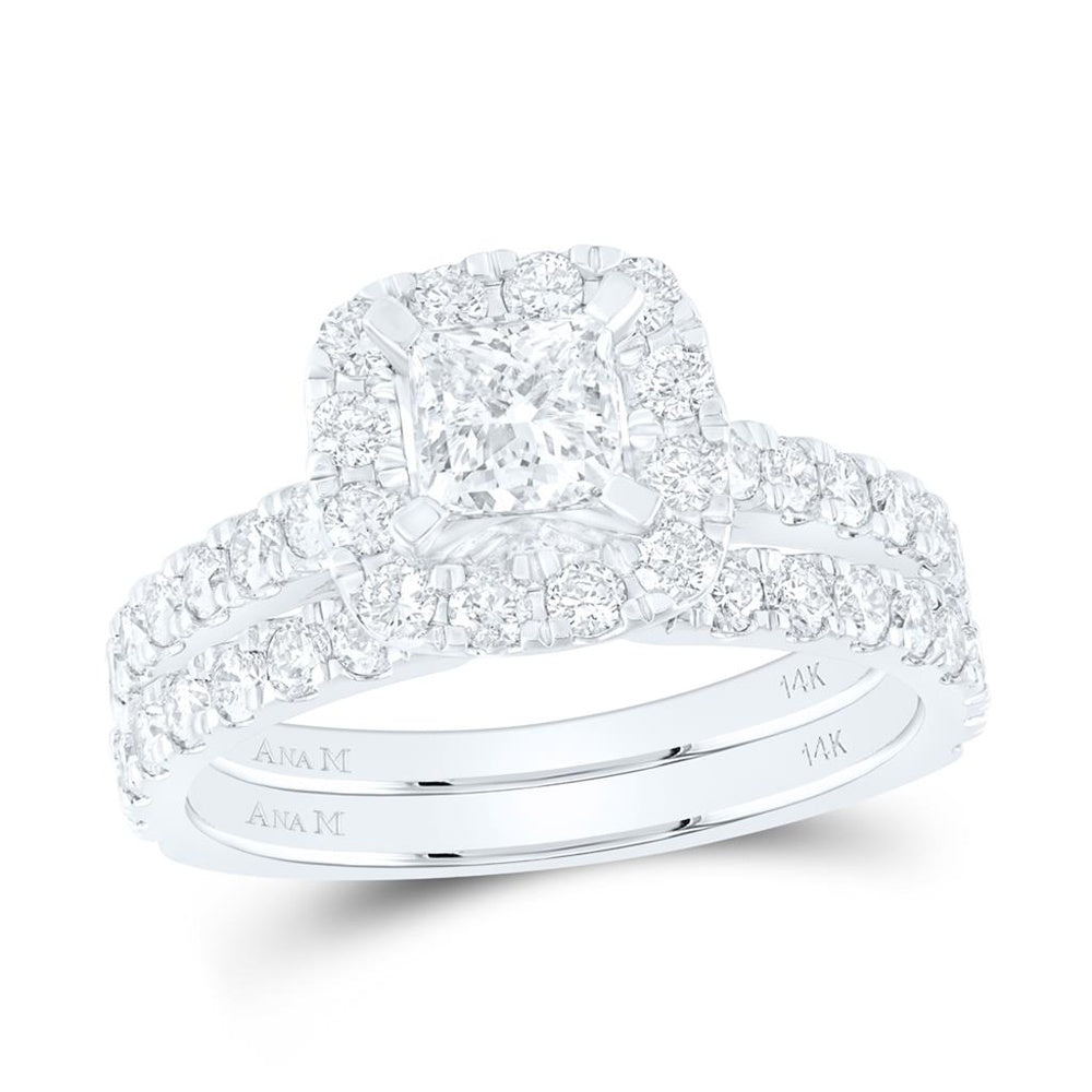 14K White Gold Certified Princess Diamond Halo Bridal Ring Set - 1 7/8 Carat Total Diamond Weight