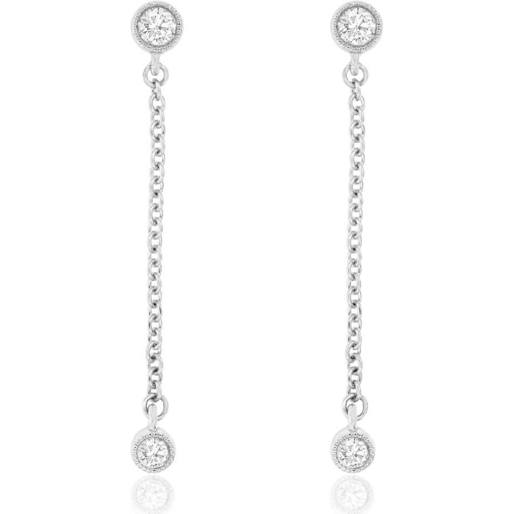 14K White Gold Chain Drop Earrings with Milgrain Bezel Set Round Diamonds - 0.20 Carat Total Diamond Weight - Royal Jewelry
