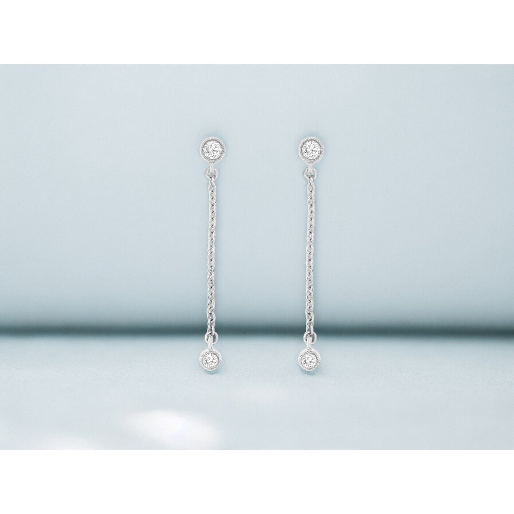 14K White Gold Chain Drop Earrings with Milgrain Bezel Set Round Diamonds - 0.20 Carat Total Diamond Weight - Royal Jewelry