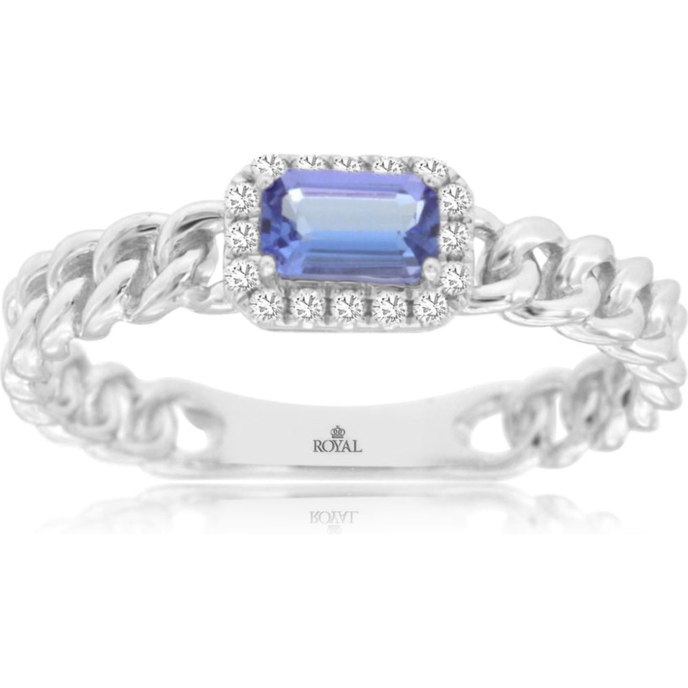 14K White Gold Chain Link Halo Ring with Emerald Cut Tanzanite and Round Diamond Accents - 0.32 Carat Tanzanite, 0.07 Carat Total Diamond Weight - Royal Jewelry