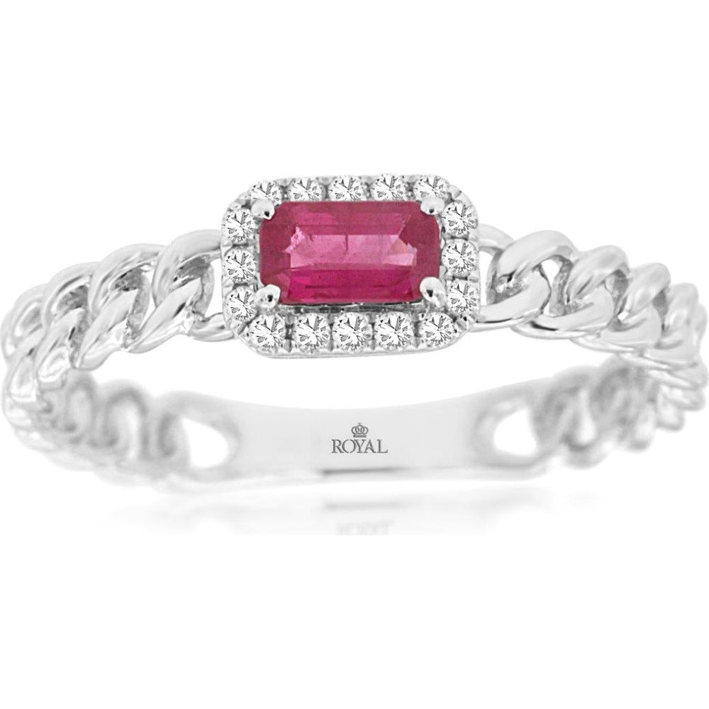 14K White Gold Chain-Link Ring with Rectangular Ruby and Diamond Halo - 0.35 Carat Ruby and 0.07 Carat Total Diamond Weight - Royal Jewelry
