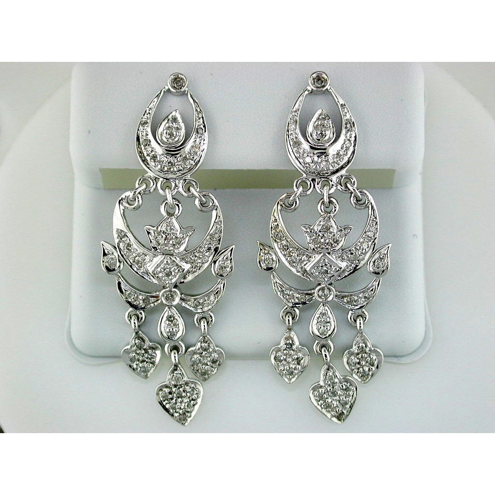 14K White Gold Chandelier Drop Earrings with Pavé-Set Round Diamonds - 0.50 Carat Total Diamond Weight - Royal Jewelry