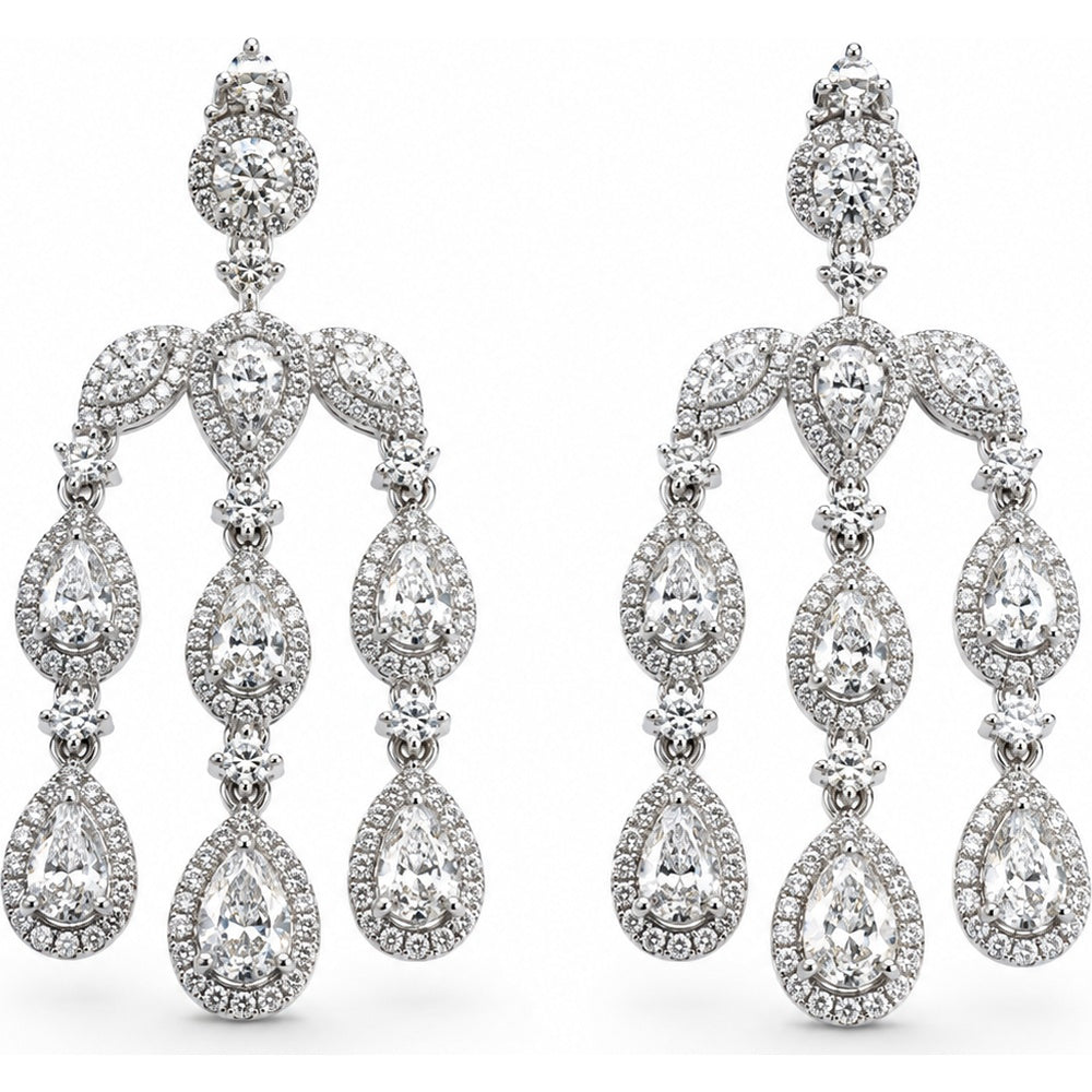 14K White Gold Chandelier Drop Earrings with Pear-Shaped and Round Diamonds - 5.22 Carat Total Diamond Weight by Auriventus