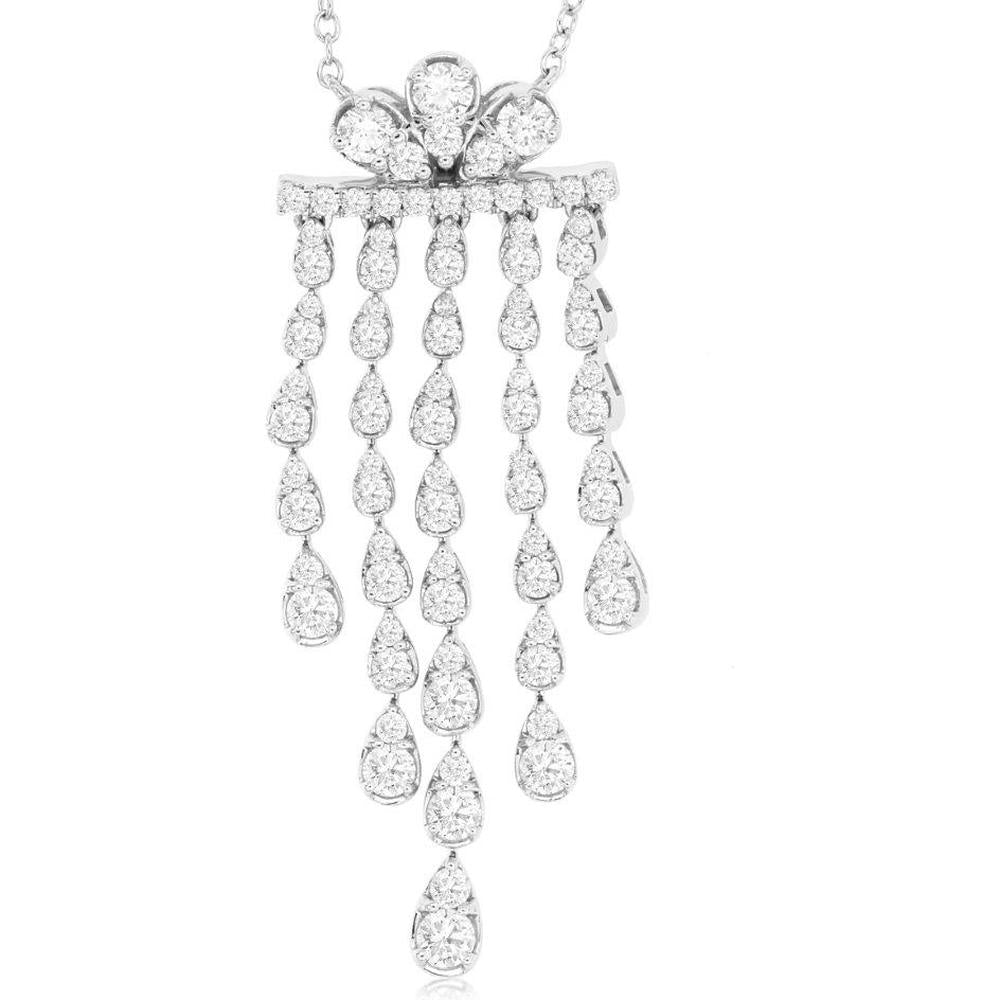 14K White Gold Chandelier Pendant Necklace with Round and Pear-Shaped Diamonds - 1.27 Carat Total Diamond Weight - Royal Jewelry