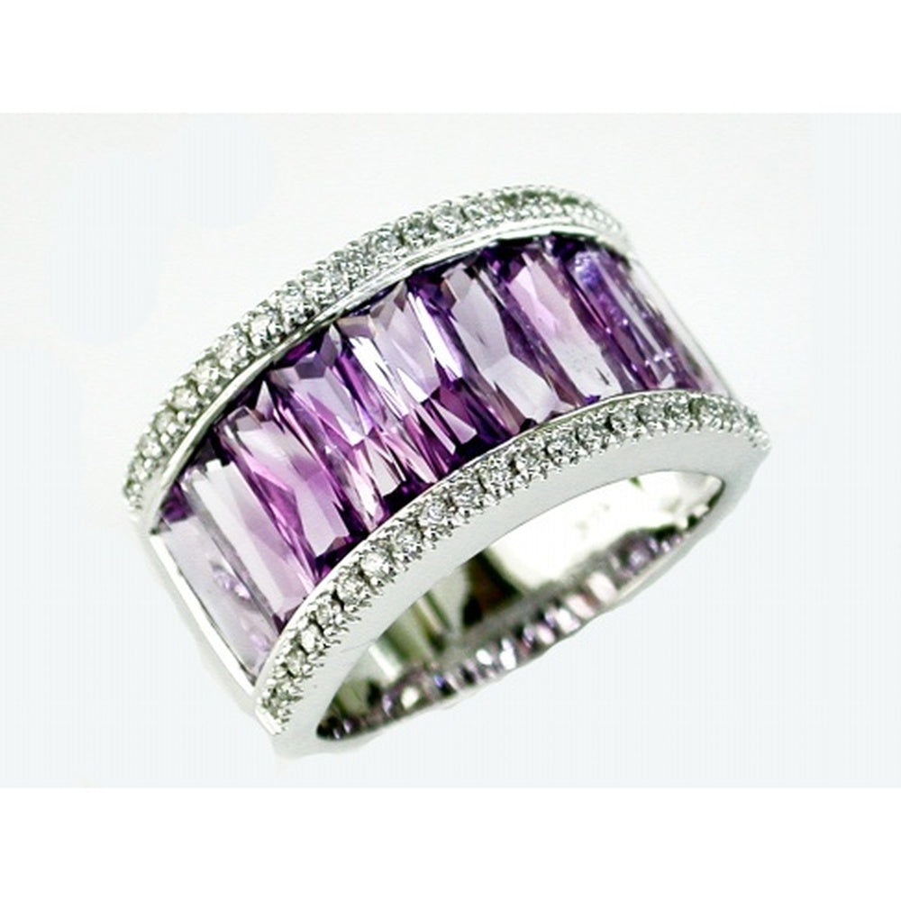 14K White Gold Channel-Set Baguette Amethyst Ring with Pavé Round Diamond Borders - 4.40 Carat Amethyst and 0.28 Carat Total Diamond Weight - Royal Jewelry