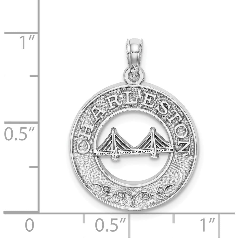 14K White Gold Charleston Bridge Round Pendant with Textured Detailing by Oro Pregiato